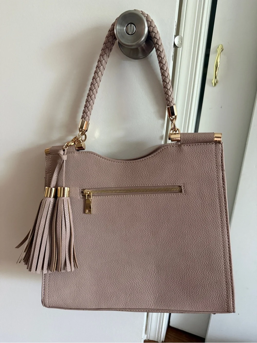 Braided Handle Taupe Satchel with Tassel Accent